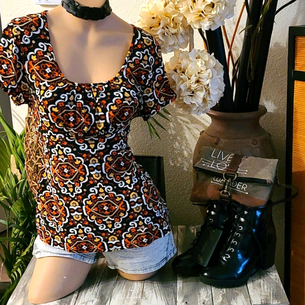 BO HO MULTI SHORT SLEEVES TOP WITH TIE RETRO MOD